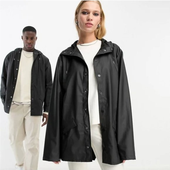 Rains Jackets & Blazers - Rains Unisex Black Hooded Rain Jacket Size S-M